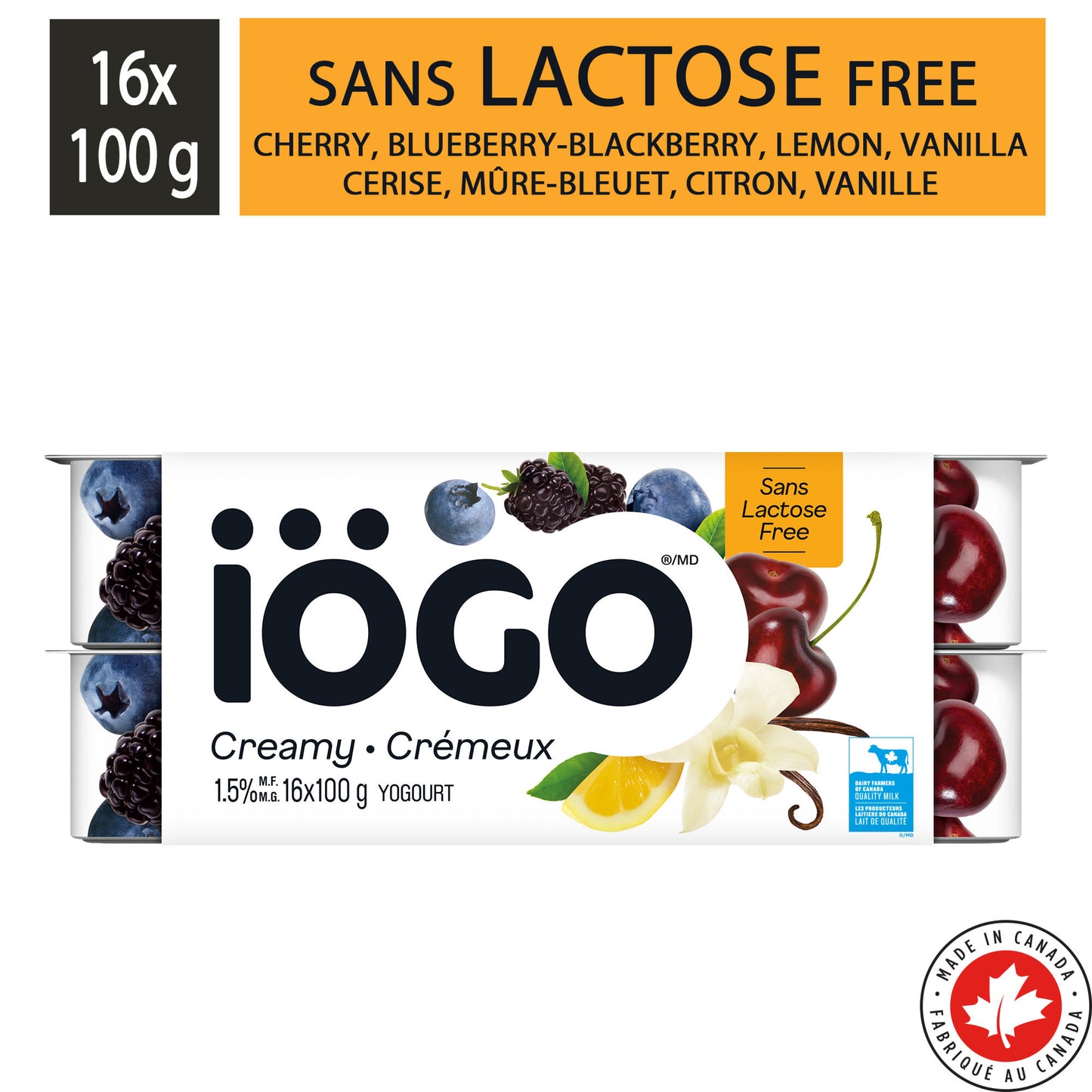 IÖGO Cherry, Lemon, Blackberry-Blueberry, Vanilla Lactose-Free Yogurt Cups 1.5%, 16x100g