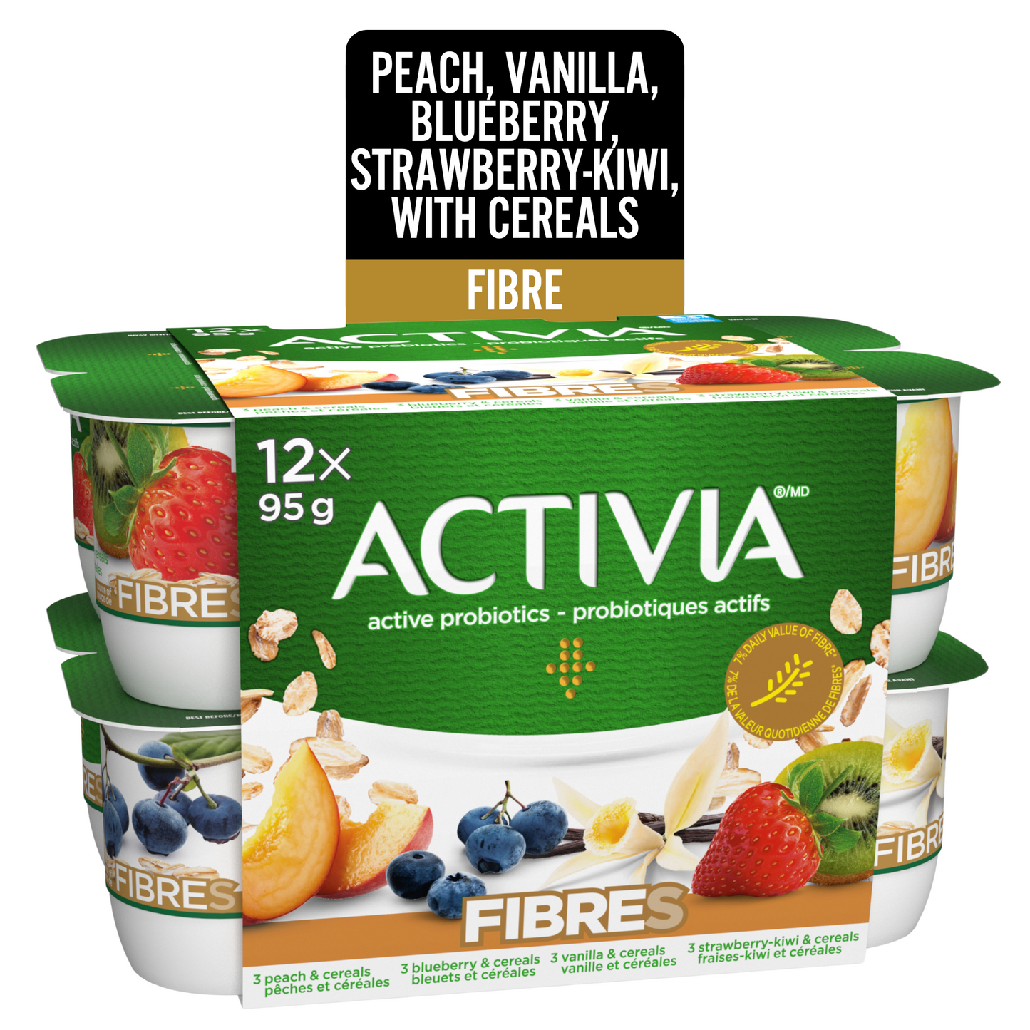 Activia Probiotic Yogurt, Lactose Free, Strawberry/Blueberry/Peach/Mango, 12 x 100 g