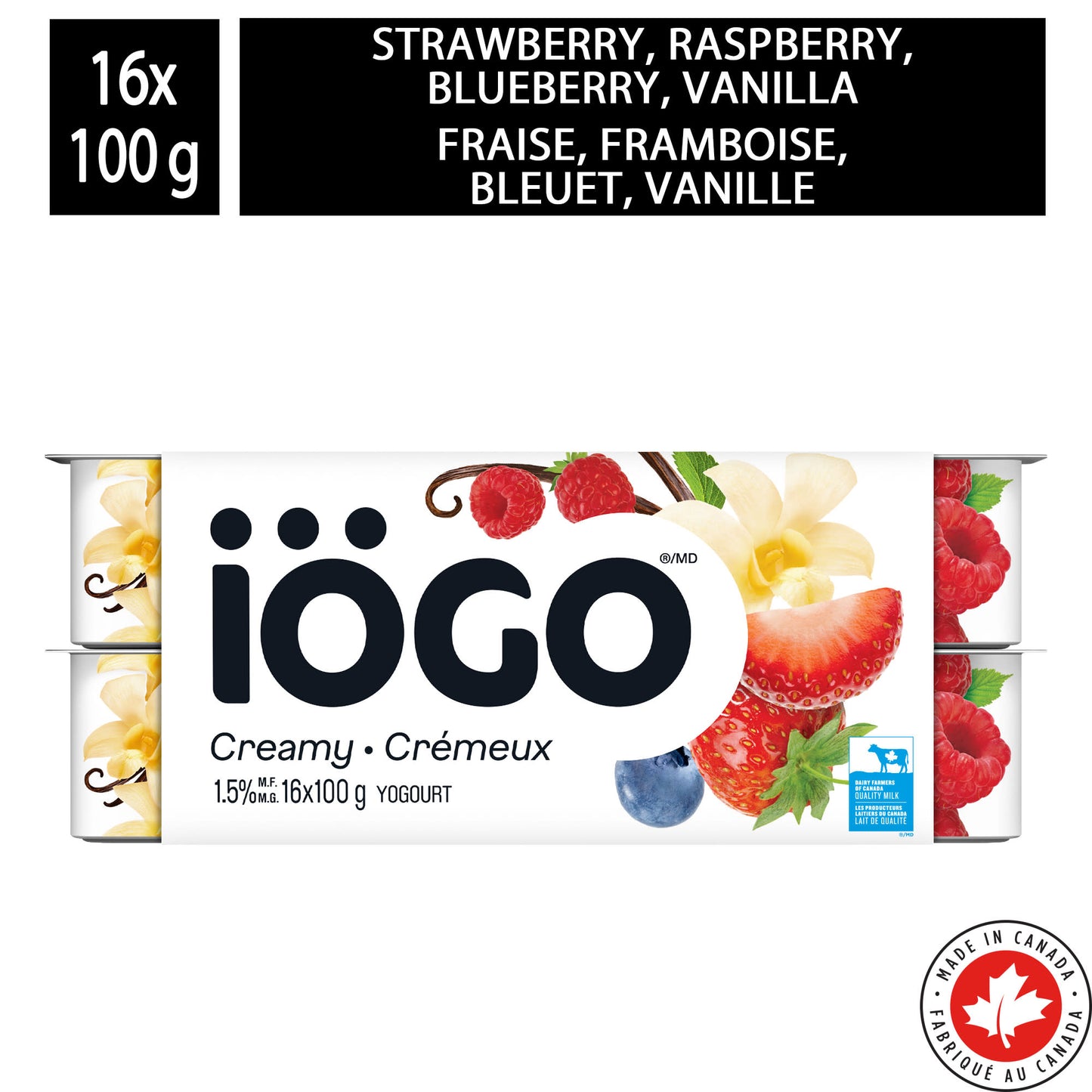 IÖGO Strawberry, Raspberry, Blueberry, Vanilla Yogurt Cups 1.5%, 16x100g