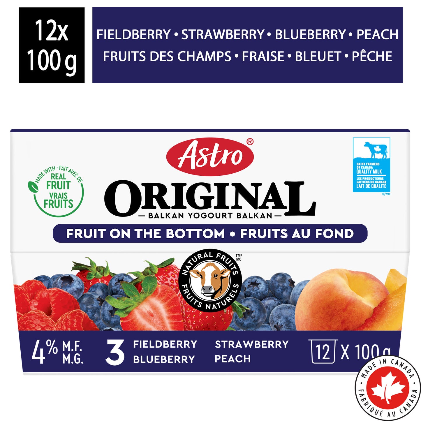 Astro Original Fruit on the Bottom Yogurt Peach, Strawberry, Blueberry, Fieldberry 4%, 12x100g