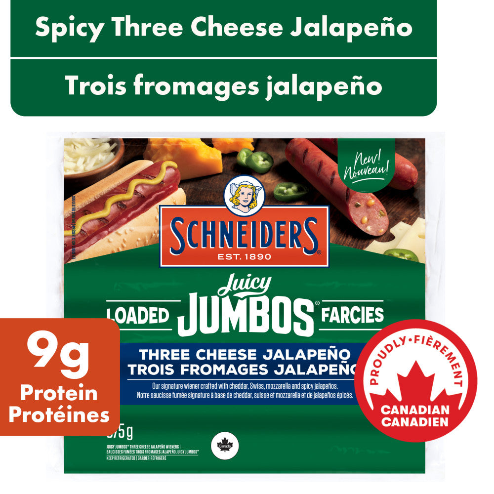 Schneiders Juicy Jumbos Loaded Three Cheese Jalapeño Hot Dogs, 375 g