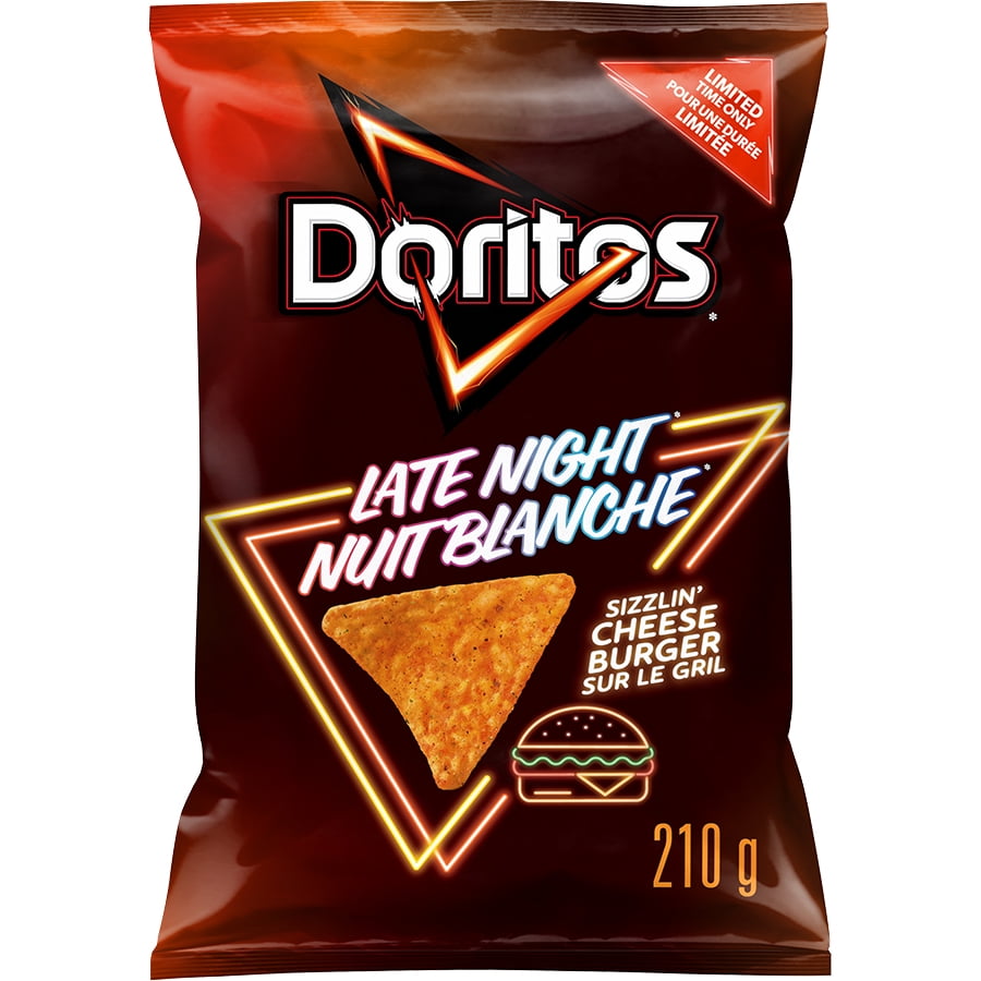 Doritos Late Night Sizzlin' Cheeseburger flavoured Tortilla Chips, 210 g.