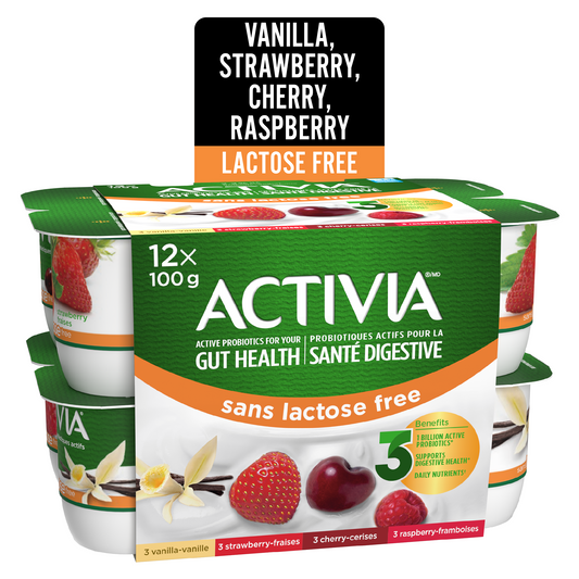 Activia Probiotic Yogurt, Lactose Free, Vanilla/Raspberry/Cherry/Strawberry, 12 x 100 g