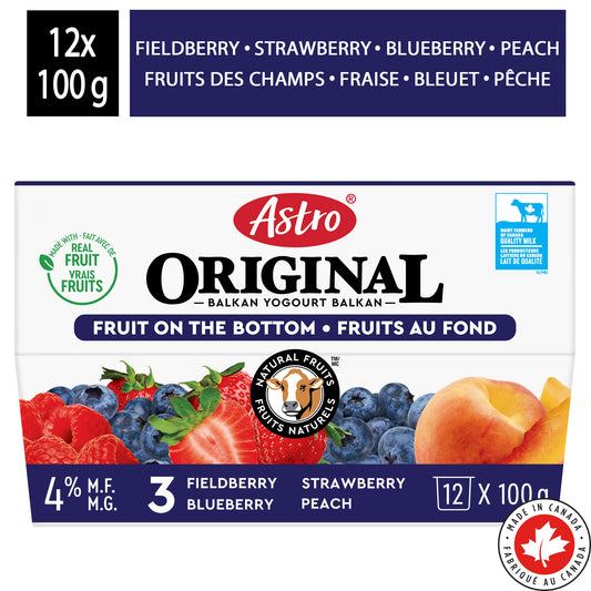 Astro Original Fruit on the Bottom Yogurt Peach, Strawberry, Blueberry, Fieldberry 4%, 12x100g