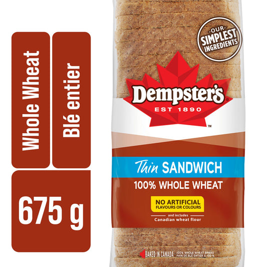 Dempster's® 100% Whole Wheat Thin Sandwich Sliced Bread, 675 g