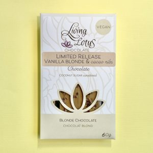Living Lotus Limited Release – Vanilla Blonde Chocolate with cacao nibs – 60g
